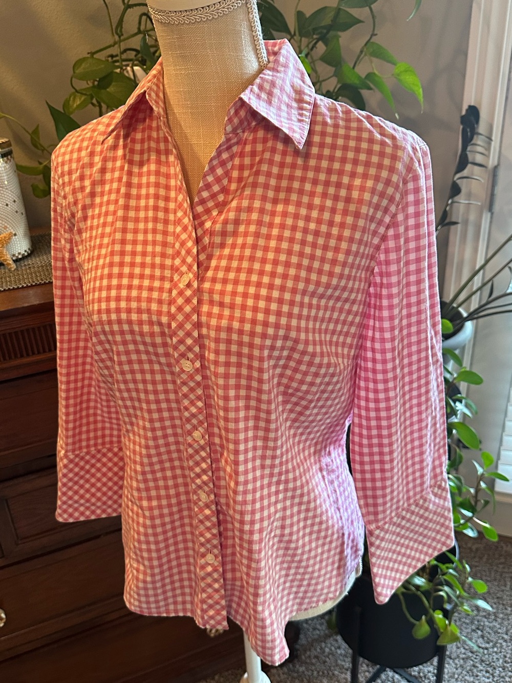 liz & co. Pink Gingham Button-Down Shirt